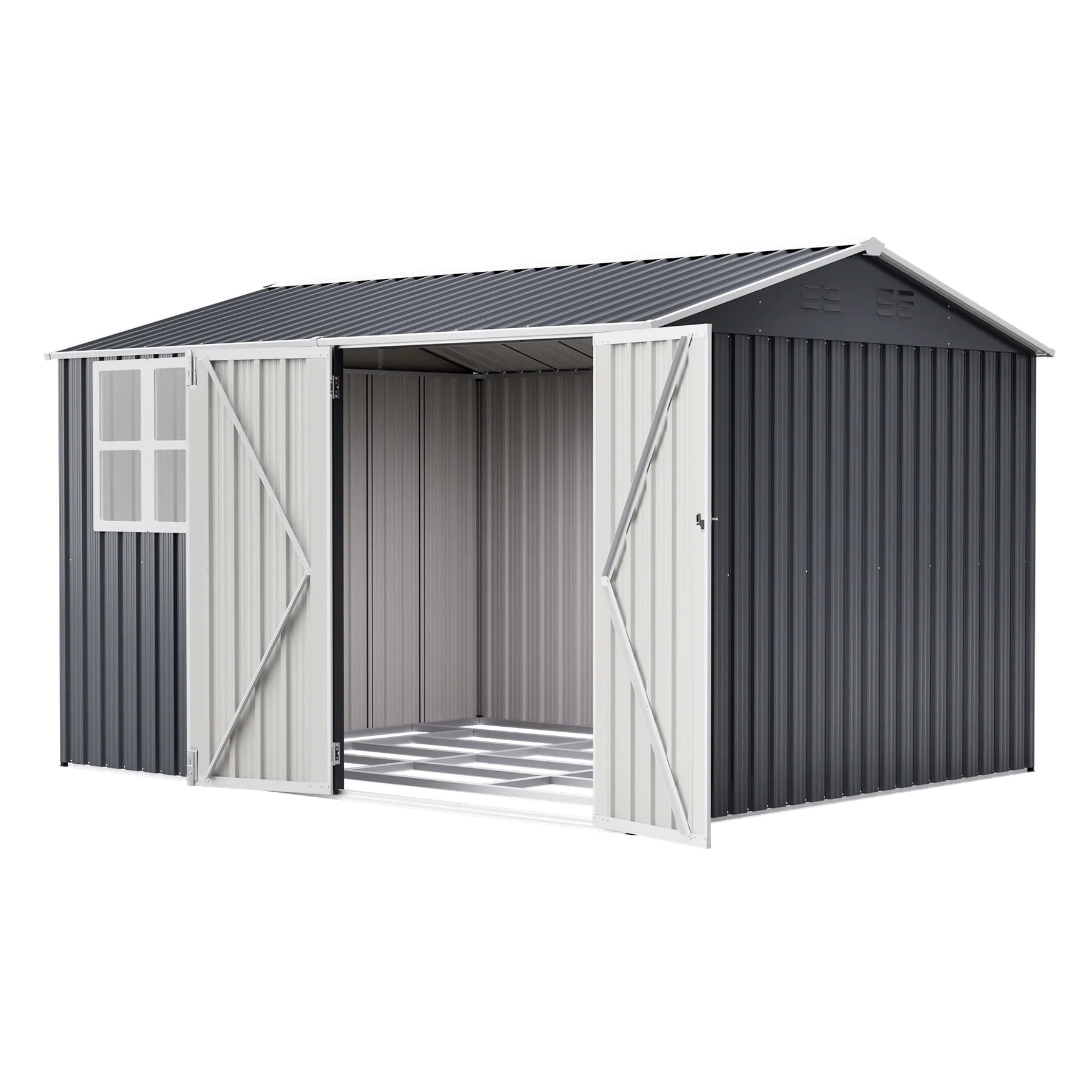 AECOJOY 10x8FT Outdoor Steel Storage Shed with Clear Window, Weather-Resistant Metal Tool Shed, Gray