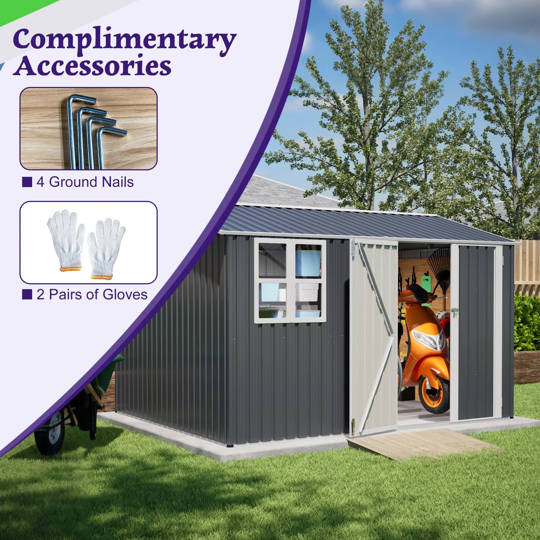 AECOJOY 10x8FT Outdoor Steel Storage Shed with Clear Window, Weather-Resistant Metal Tool Shed, Gray