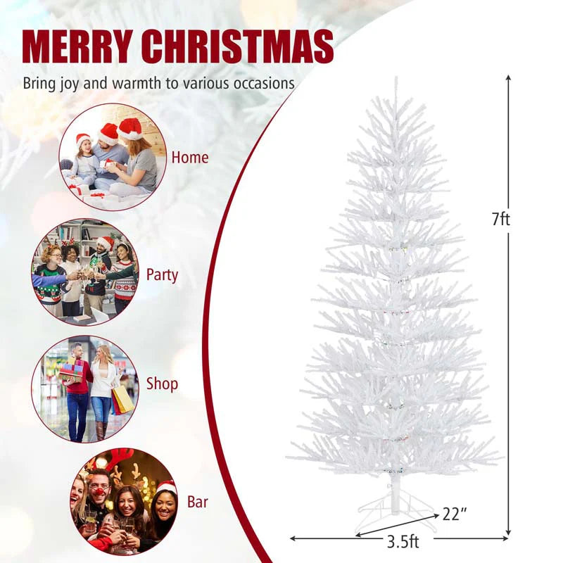 7 FT Pre-Lit Artificial Christmas Tree with 923 Multicolored LED RGB Lights, 820 White Branch Tips, Remote, Hinged Xmas Twig Tree Decor