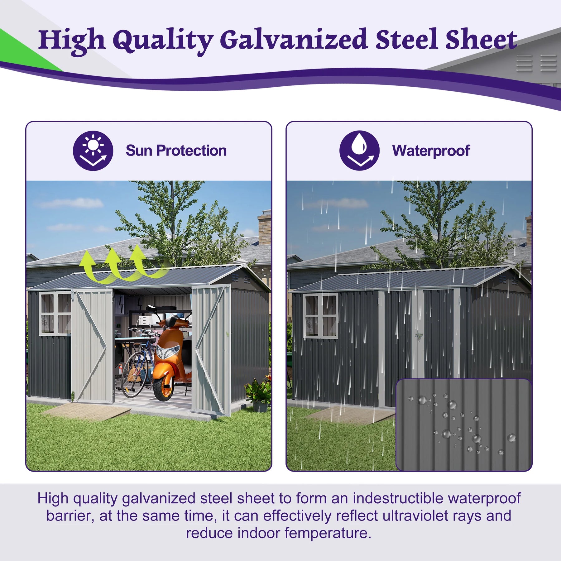 AECOJOY 10x8FT Outdoor Steel Storage Shed with Clear Window, Weather-Resistant Metal Tool Shed, Gray