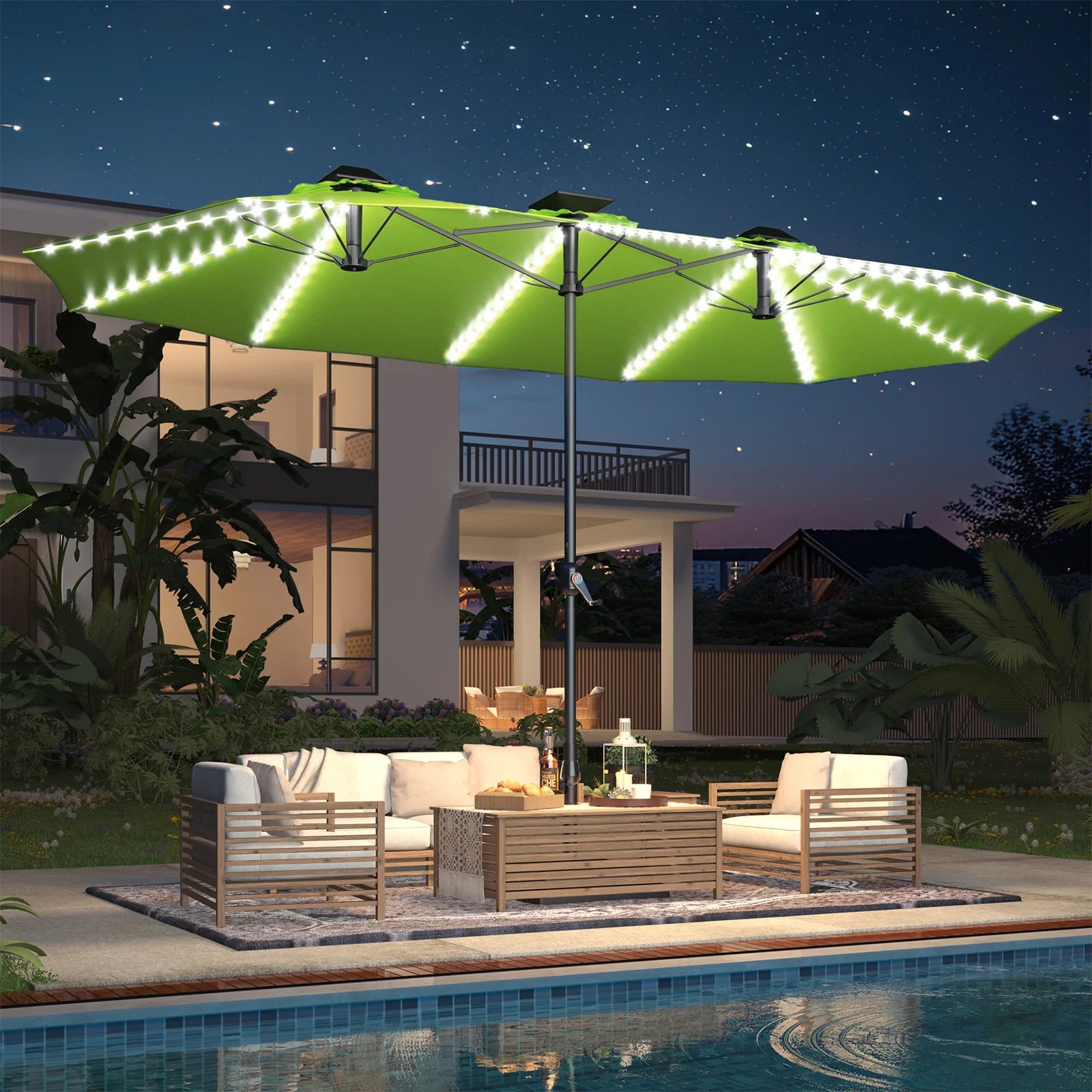 AECOJOY 15ft Patio Double-Sided Umbrella, 156 PCS Solar LED Light Outdoor Large Umbrella, Green