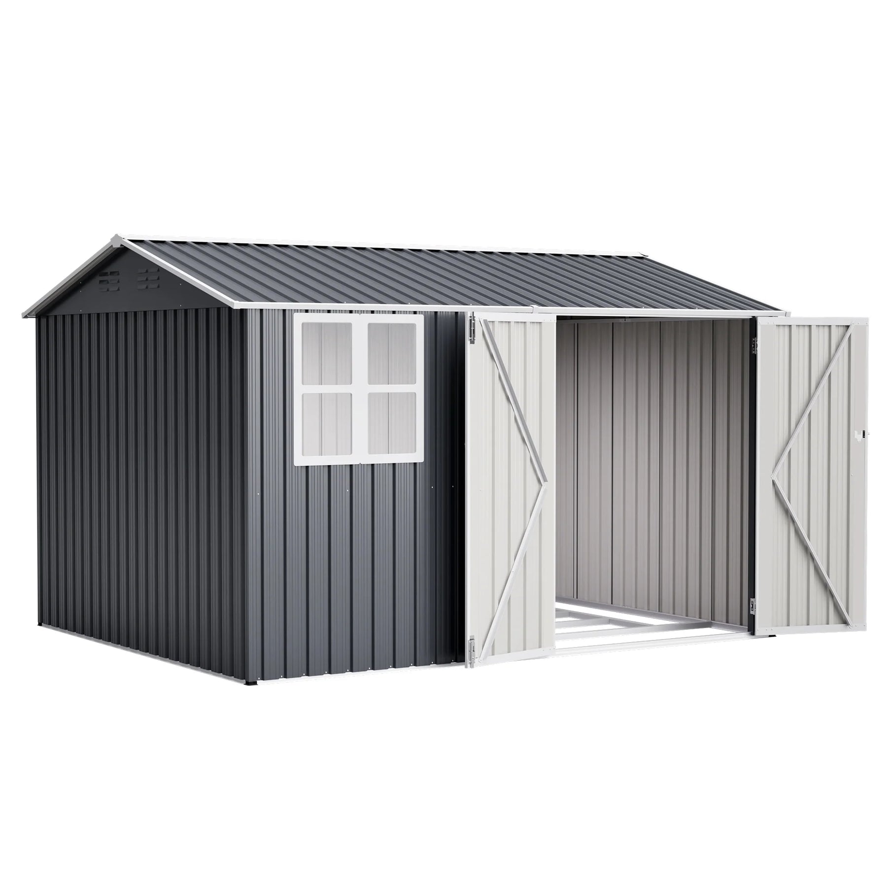 AECOJOY 10x8FT Outdoor Steel Storage Shed with Clear Window, Weather-Resistant Metal Tool Shed, Gray