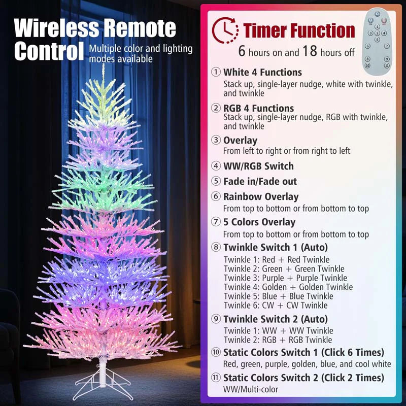 7 FT Pre-Lit Artificial Christmas Tree with 923 Multicolored LED RGB Lights, 820 White Branch Tips, Remote, Hinged Xmas Twig Tree Decor