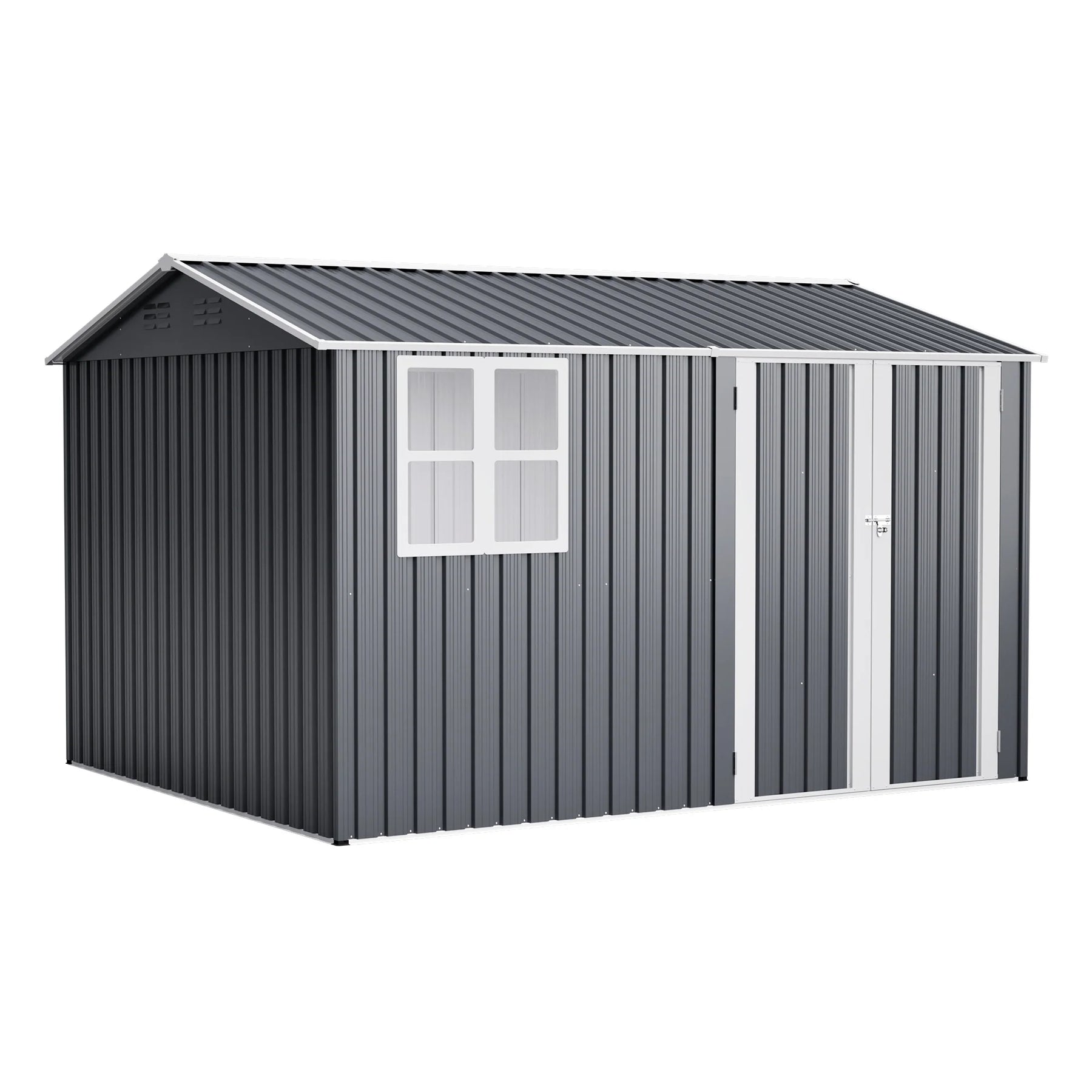 AECOJOY 10x8FT Outdoor Steel Storage Shed with Clear Window, Weather-Resistant Metal Tool Shed, Gray