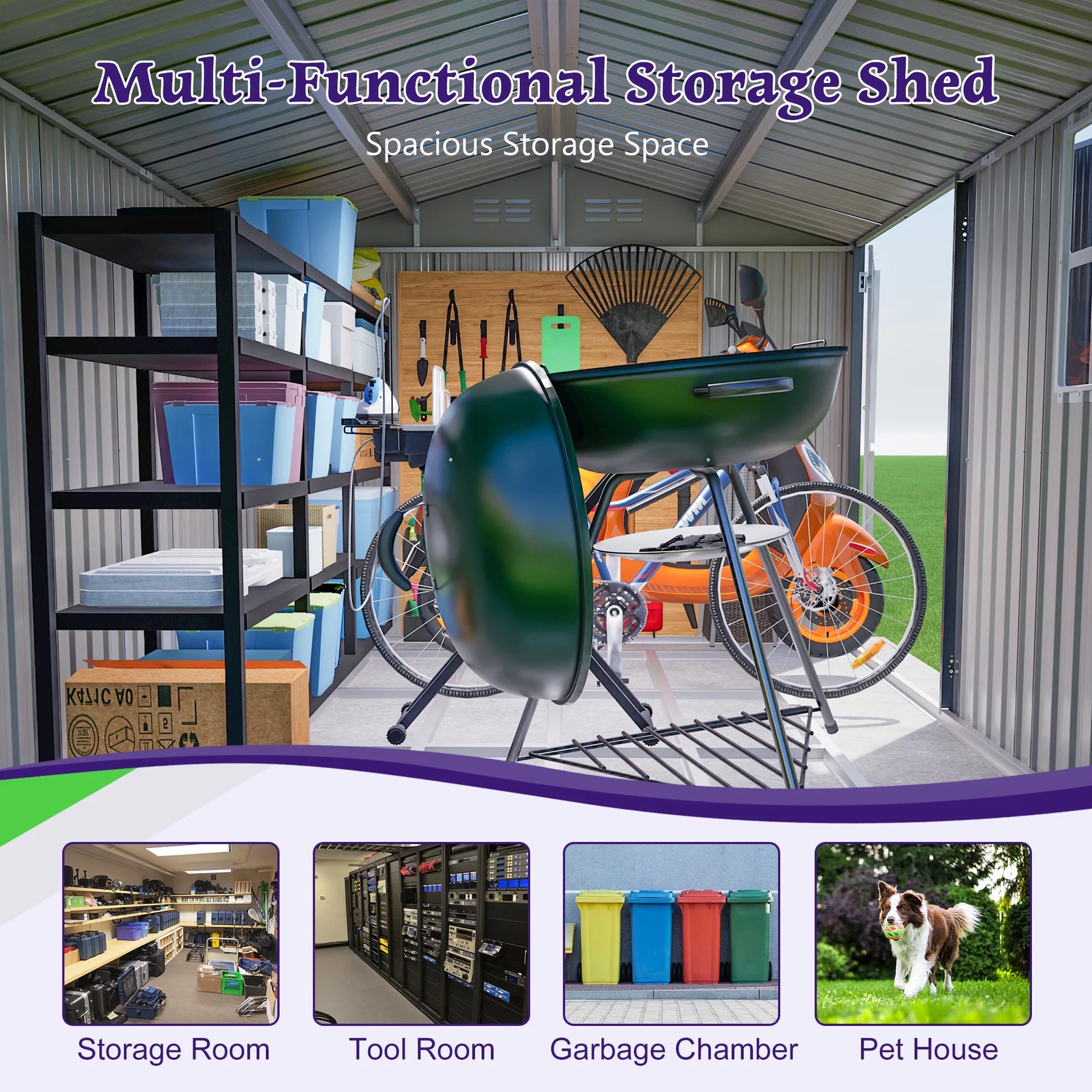 AECOJOY 10x8FT Outdoor Steel Storage Shed with Clear Window, Weather-Resistant Metal Tool Shed, Gray