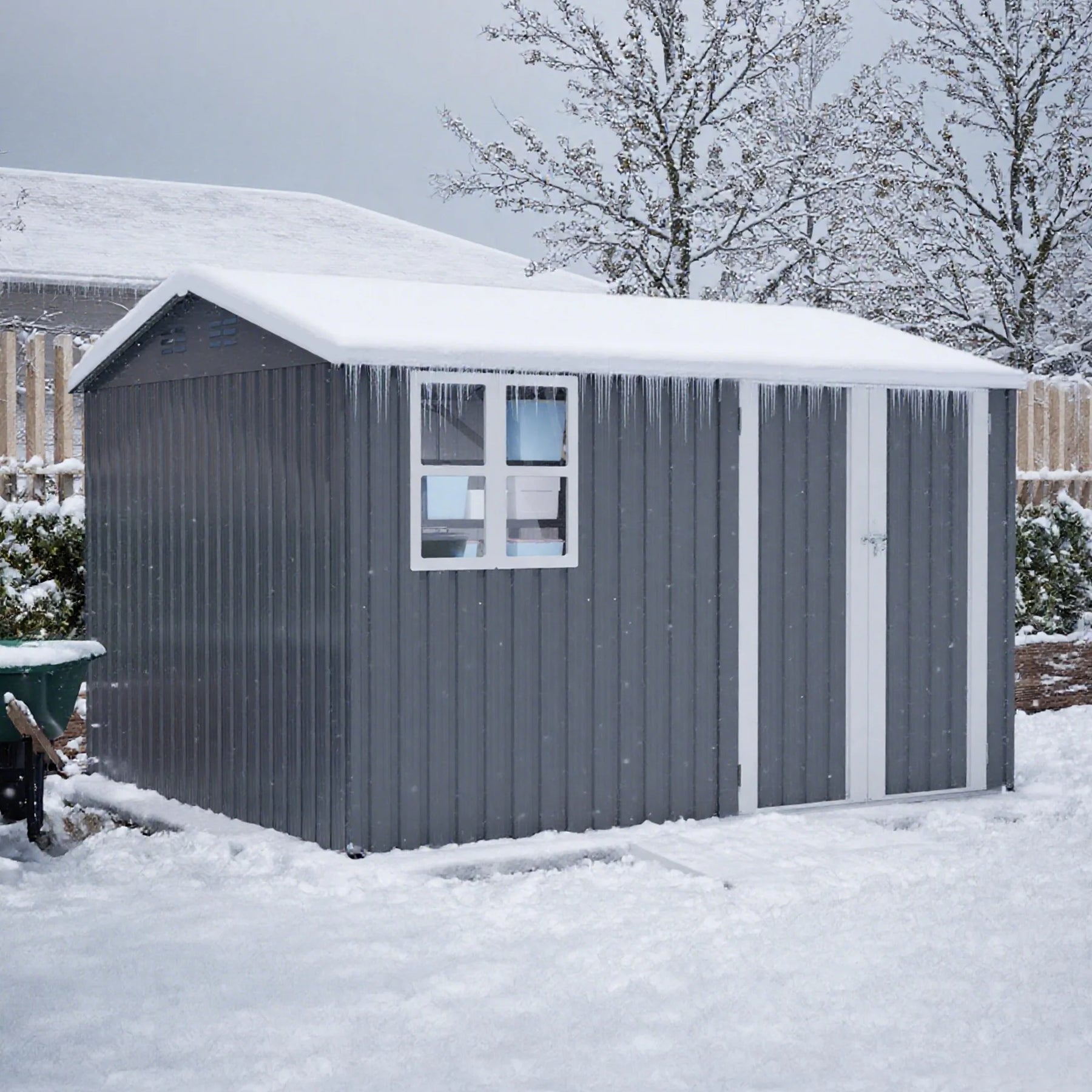 AECOJOY 10x8FT Outdoor Steel Storage Shed with Clear Window, Weather-Resistant Metal Tool Shed, Gray