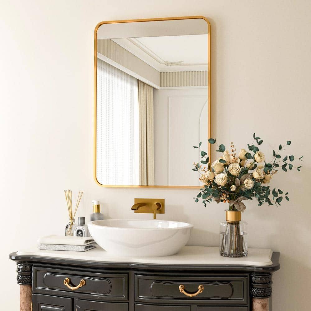 24 in. W x 36 in. H Rectangular Aluminum Alloy Framed Rounded Gold Wall Mirror