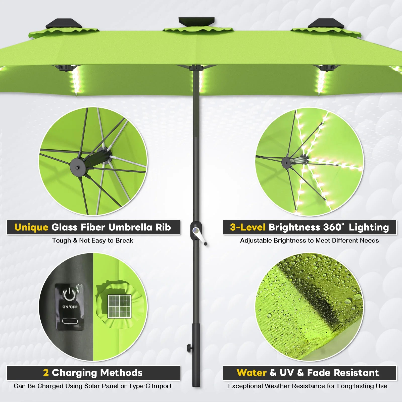 AECOJOY 15ft Patio Double-Sided Umbrella, 156 PCS Solar LED Light Outdoor Large Umbrella, Green