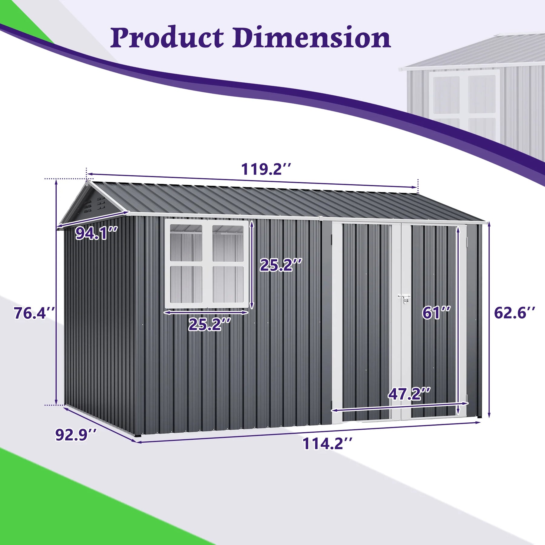 AECOJOY 10x8FT Outdoor Steel Storage Shed with Clear Window, Weather-Resistant Metal Tool Shed, Gray