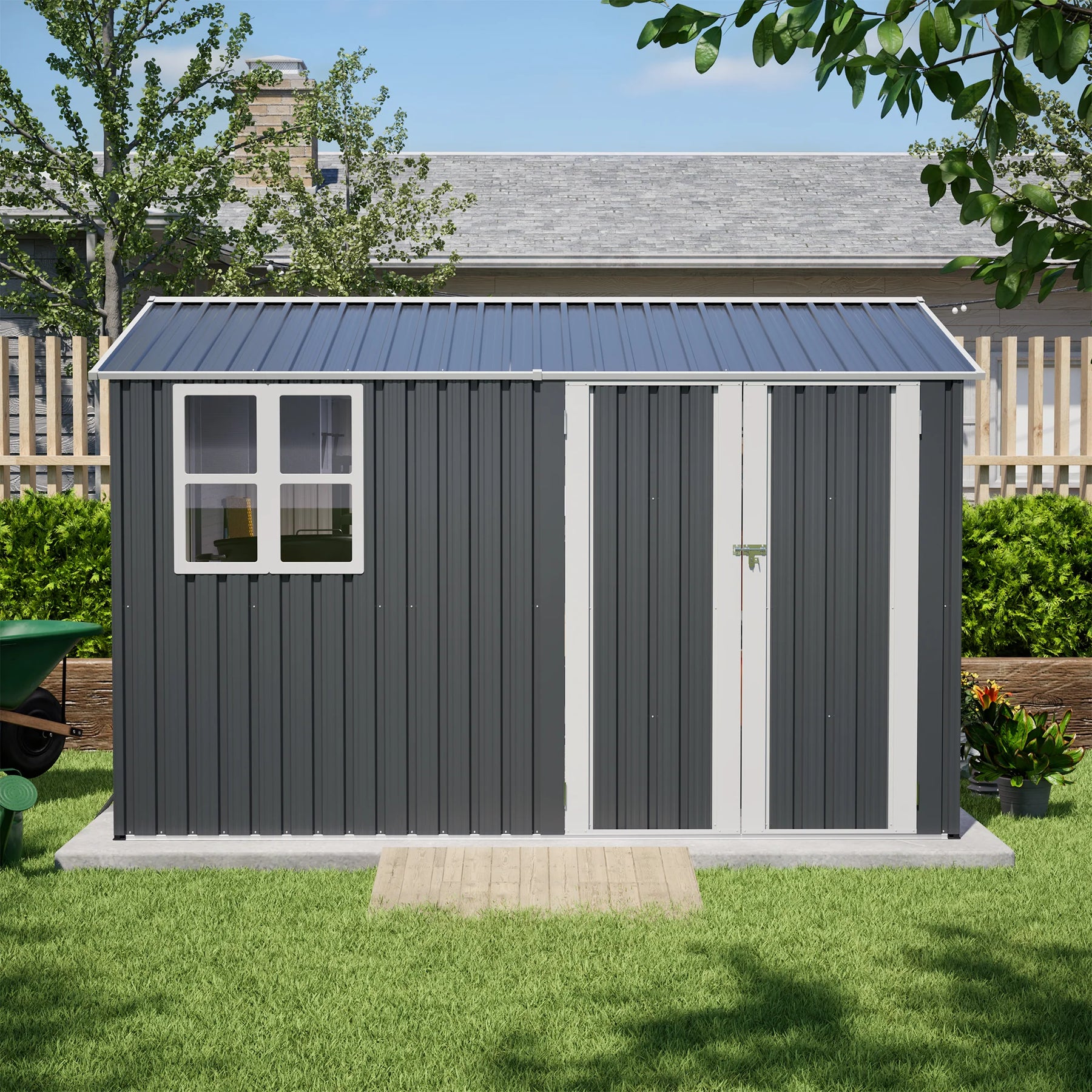 AECOJOY 10x8FT Outdoor Steel Storage Shed with Clear Window, Weather-Resistant Metal Tool Shed, Gray