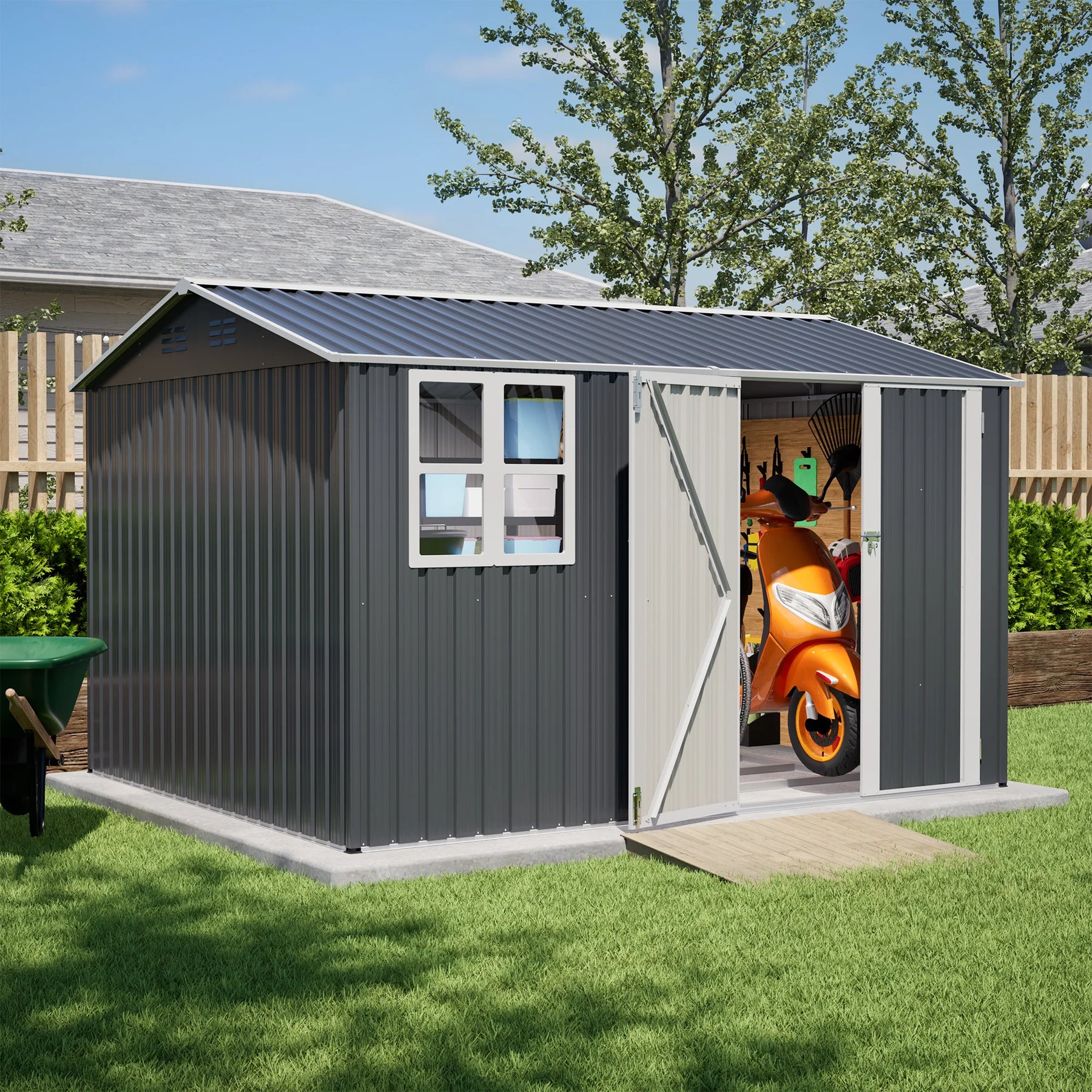 AECOJOY 10x8FT Outdoor Steel Storage Shed with Clear Window, Weather-Resistant Metal Tool Shed, Gray