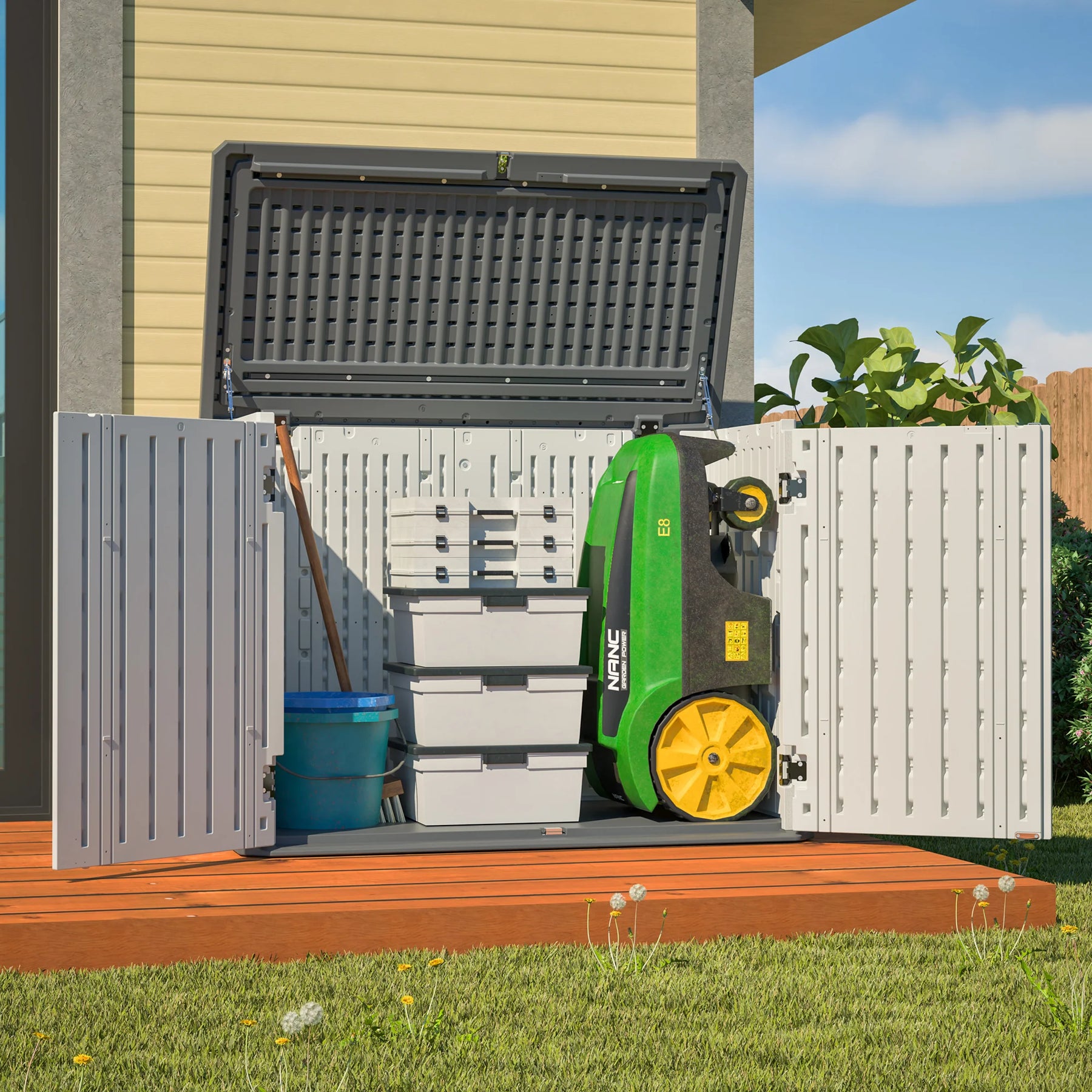 AECOJOY Horizontal Storage Shed Weather Resistance, Lockable Outdoor Storage Cabinet – 28 Cu.ft, Ivory White