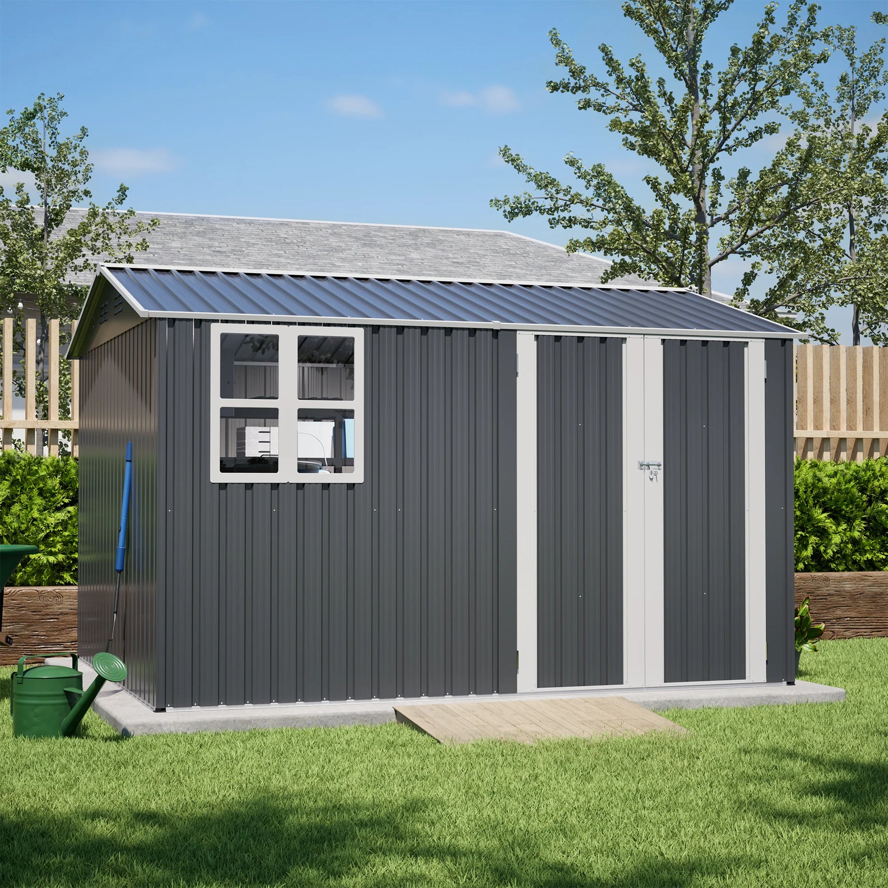 AECOJOY 10x8FT Outdoor Steel Storage Shed with Clear Window, Weather-Resistant Metal Tool Shed, Gray