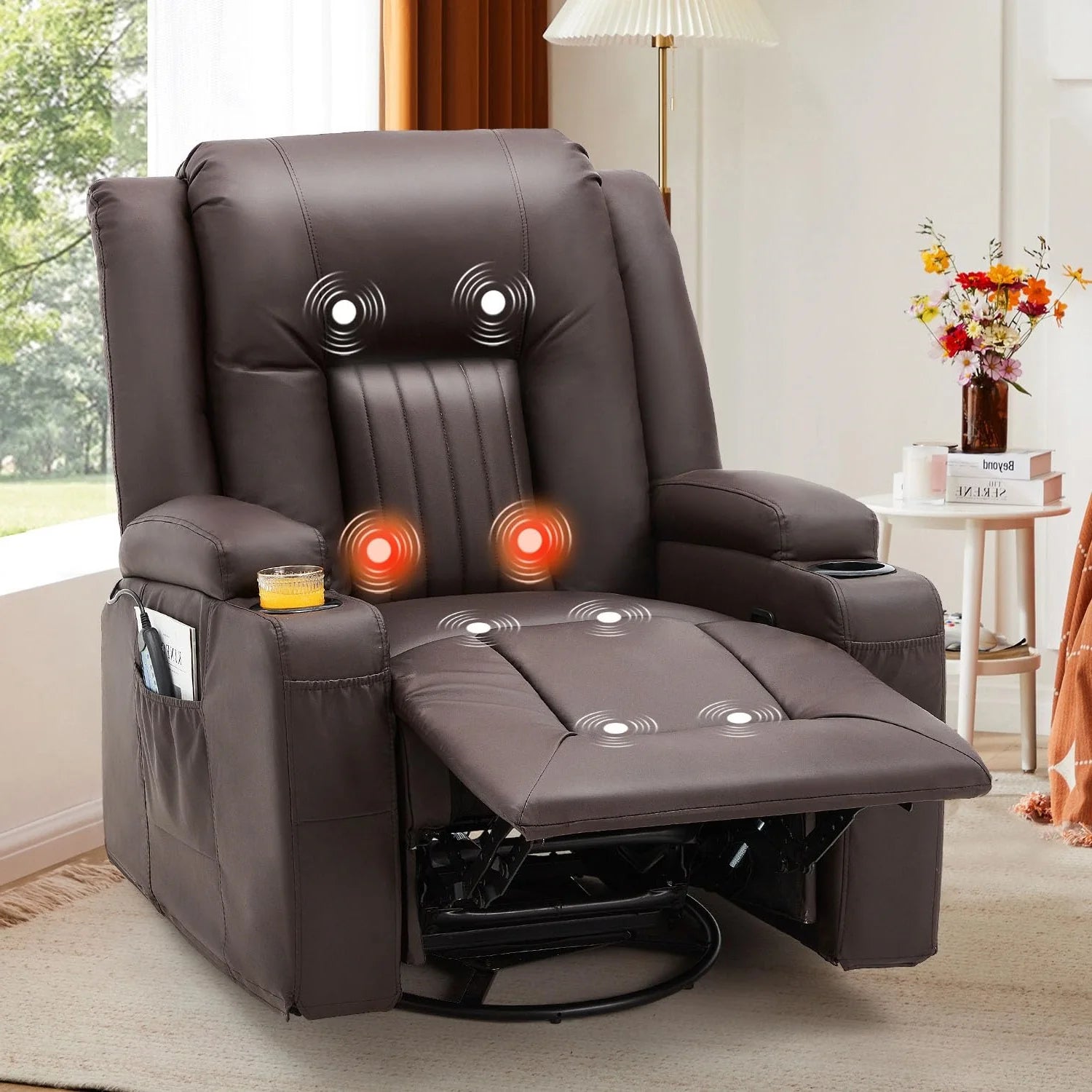 AECOJOY Massage Recliner Manual Chair with Heating & 360° Swivel Rocking Function, Brown