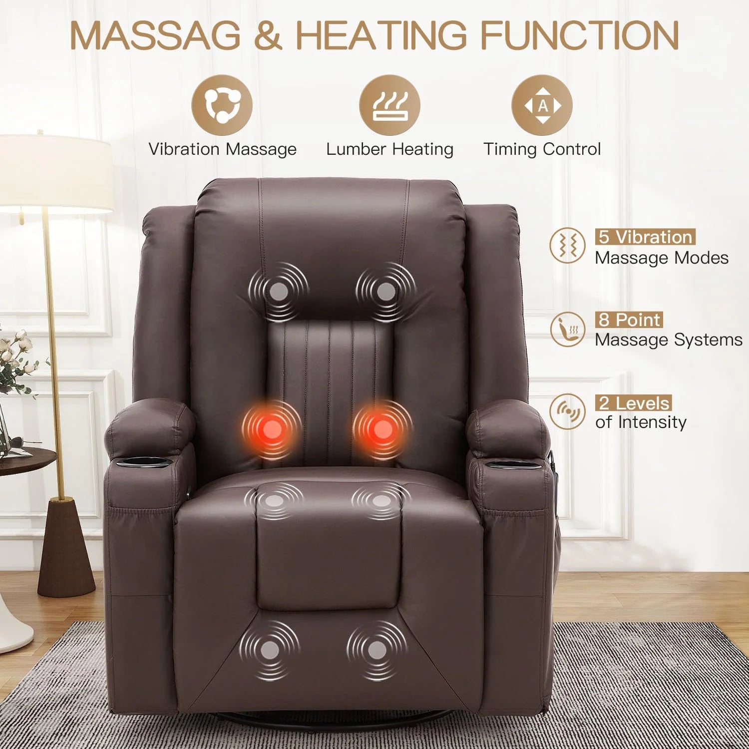 AECOJOY Massage Recliner Manual Chair with Heating & 360° Swivel Rocking Function, Brown