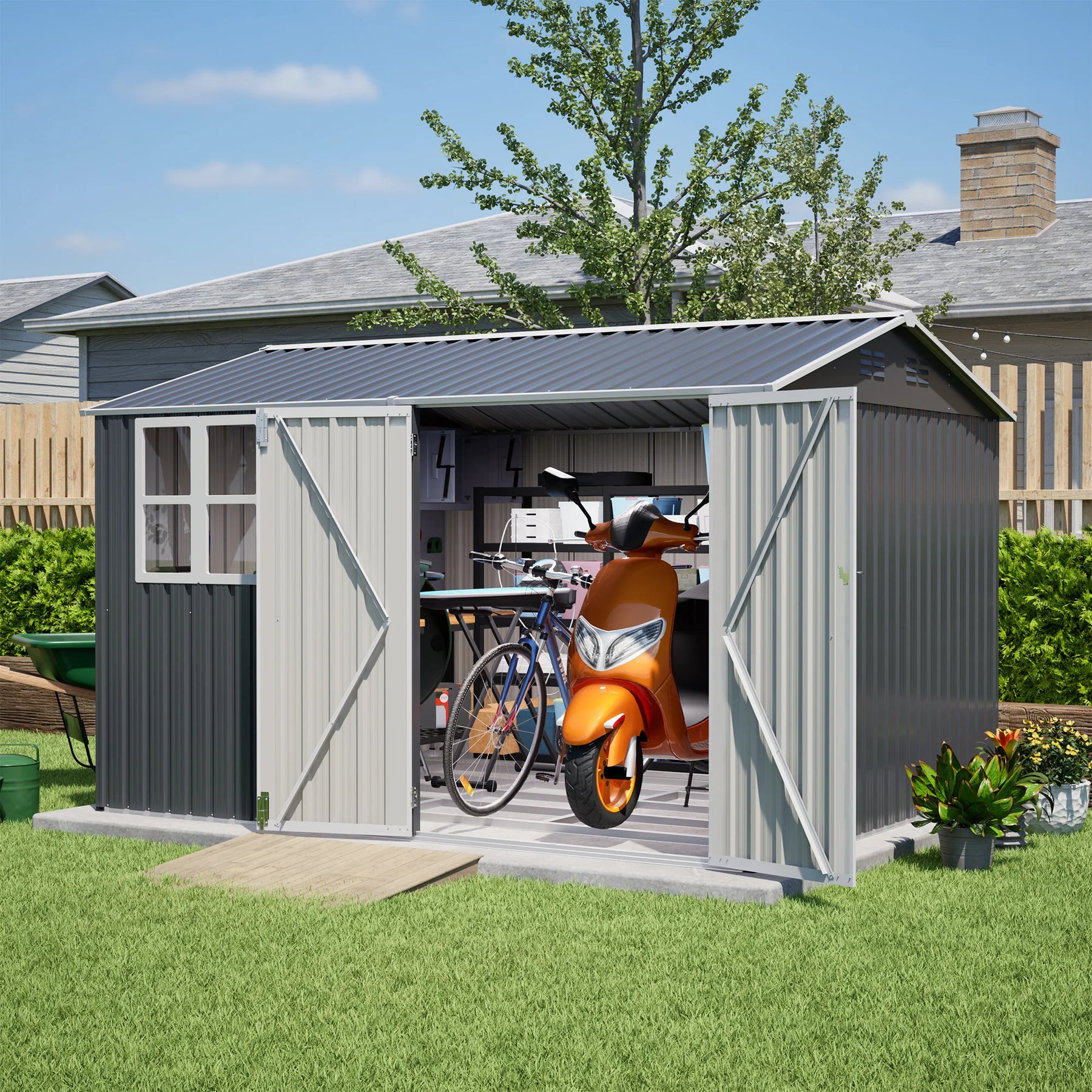 AECOJOY 10x8FT Outdoor Steel Storage Shed with Clear Window, Weather-Resistant Metal Tool Shed, Gray