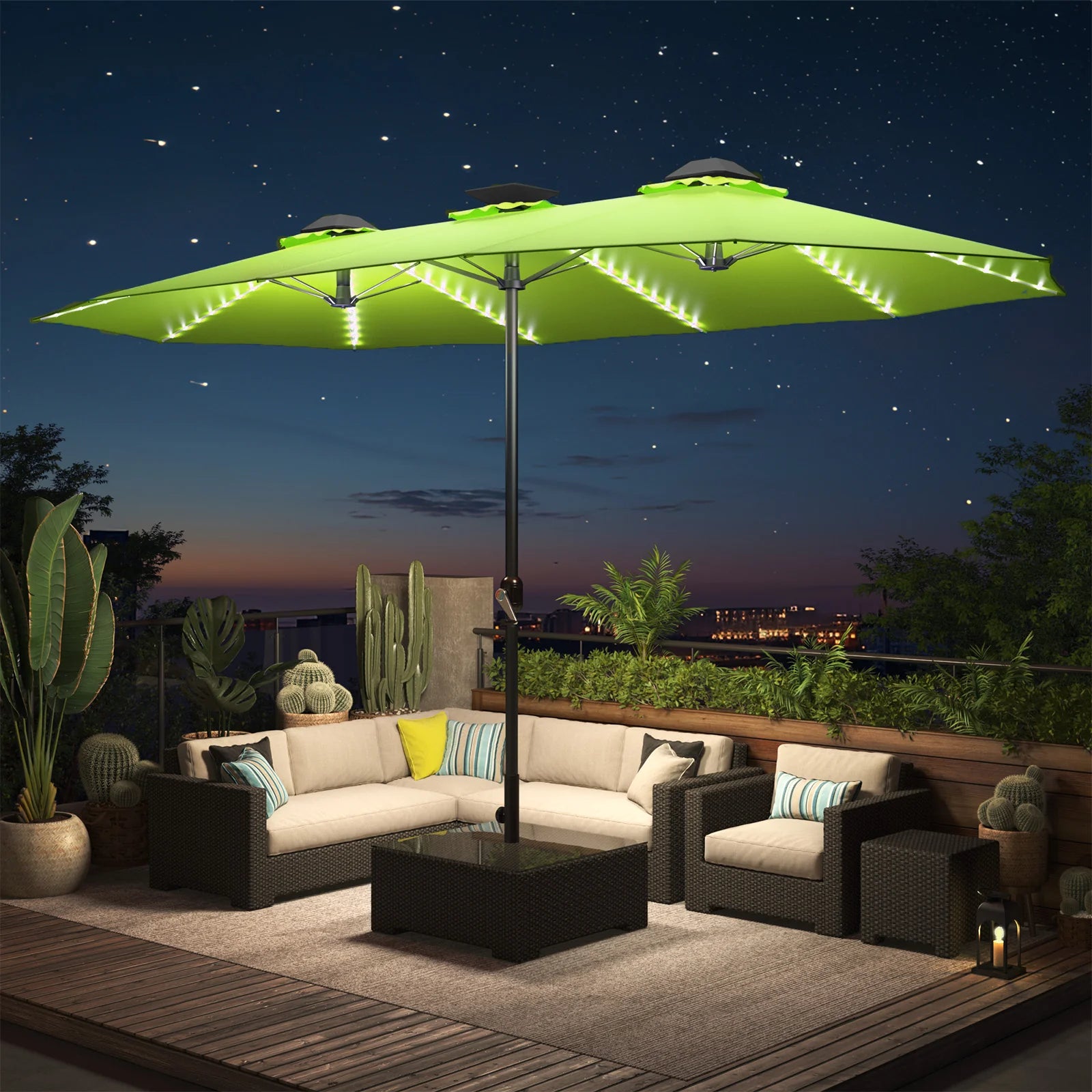 AECOJOY 15ft Patio Double-Sided Umbrella, 156 PCS Solar LED Light Outdoor Large Umbrella, Green