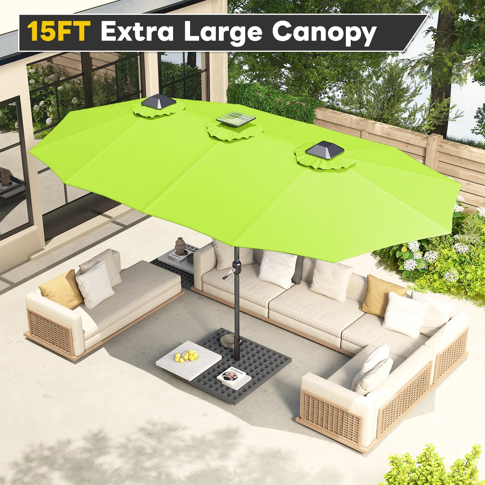 AECOJOY 15ft Patio Double-Sided Umbrella, 156 PCS Solar LED Light Outdoor Large Umbrella, Green