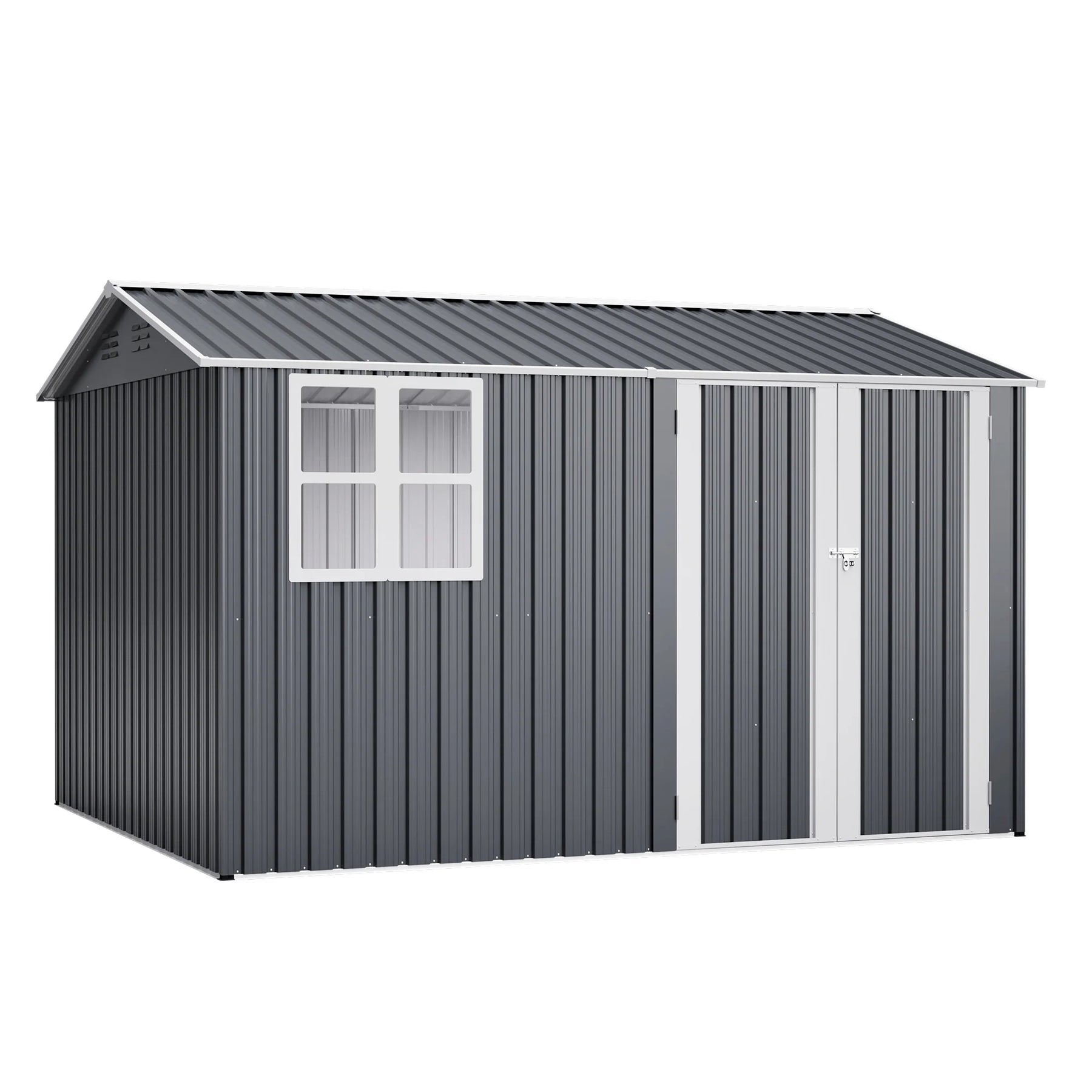 AECOJOY 10x8FT Outdoor Steel Storage Shed with Clear Window, Weather-Resistant Metal Tool Shed, Gray