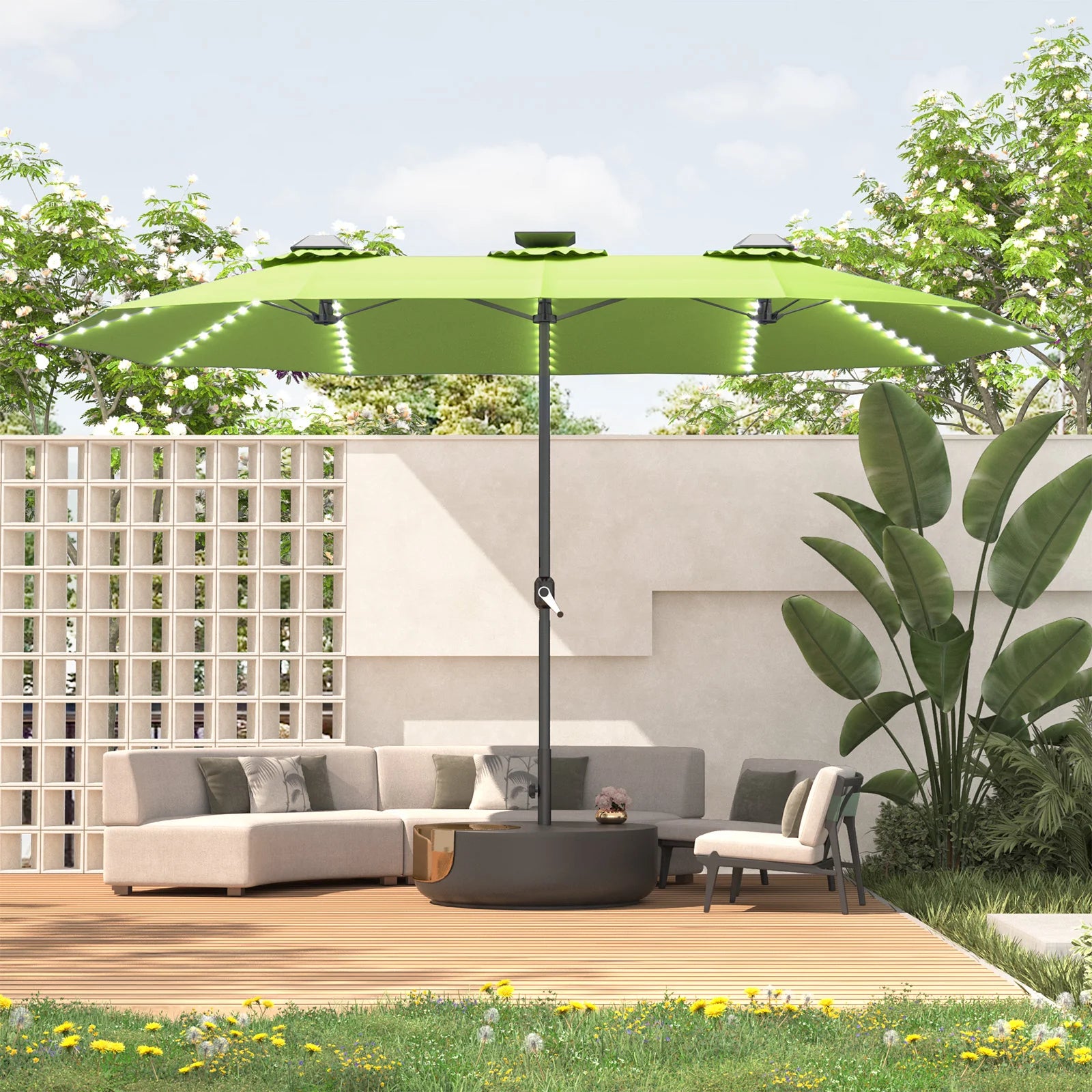 AECOJOY 15ft Patio Double-Sided Umbrella, 156 PCS Solar LED Light Outdoor Large Umbrella, Green