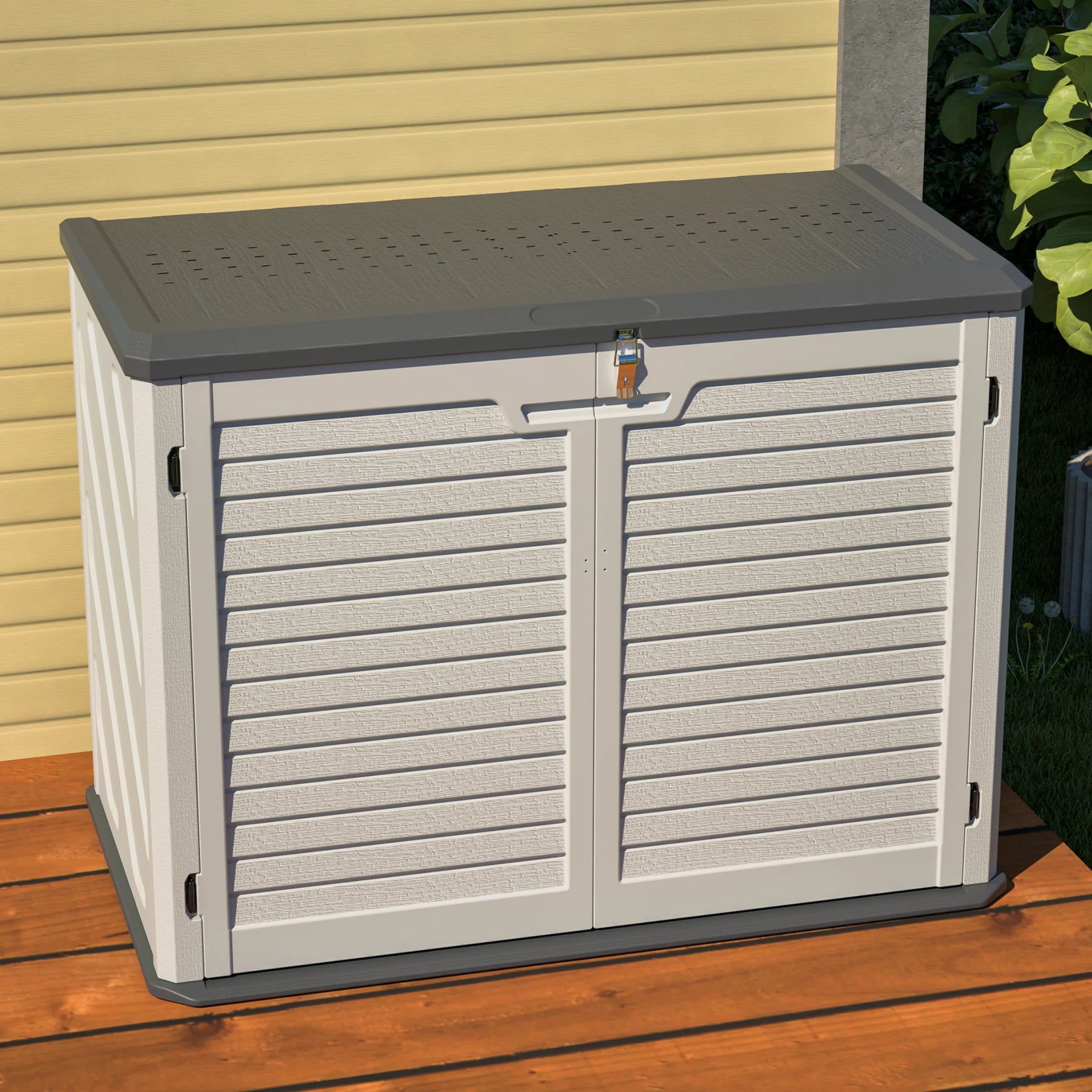 AECOJOY Horizontal Storage Shed Weather Resistance, Lockable Outdoor Storage Cabinet – 28 Cu.ft, Ivory White