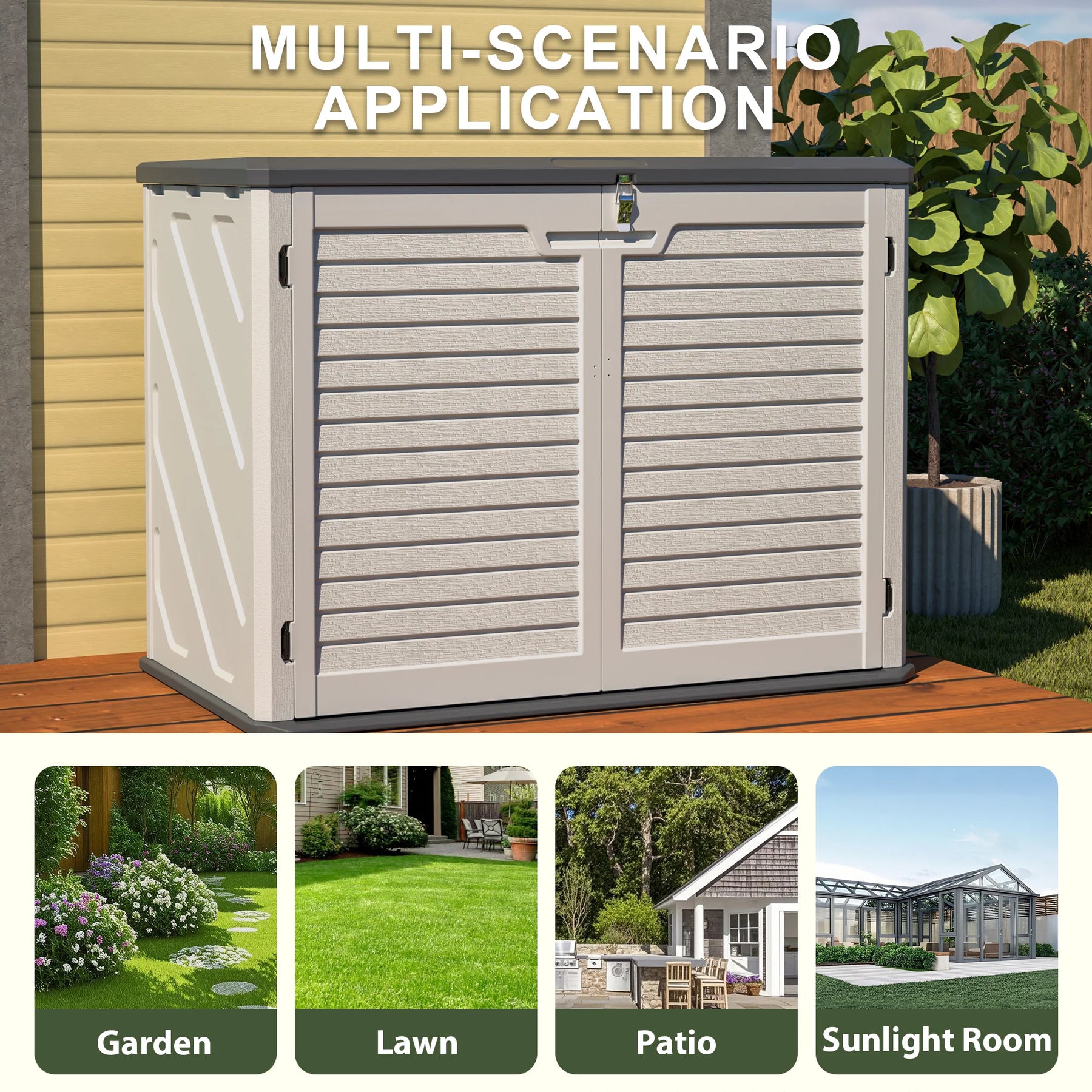 AECOJOY Horizontal Storage Shed Weather Resistance, Lockable Outdoor Storage Cabinet – 28 Cu.ft, Ivory White