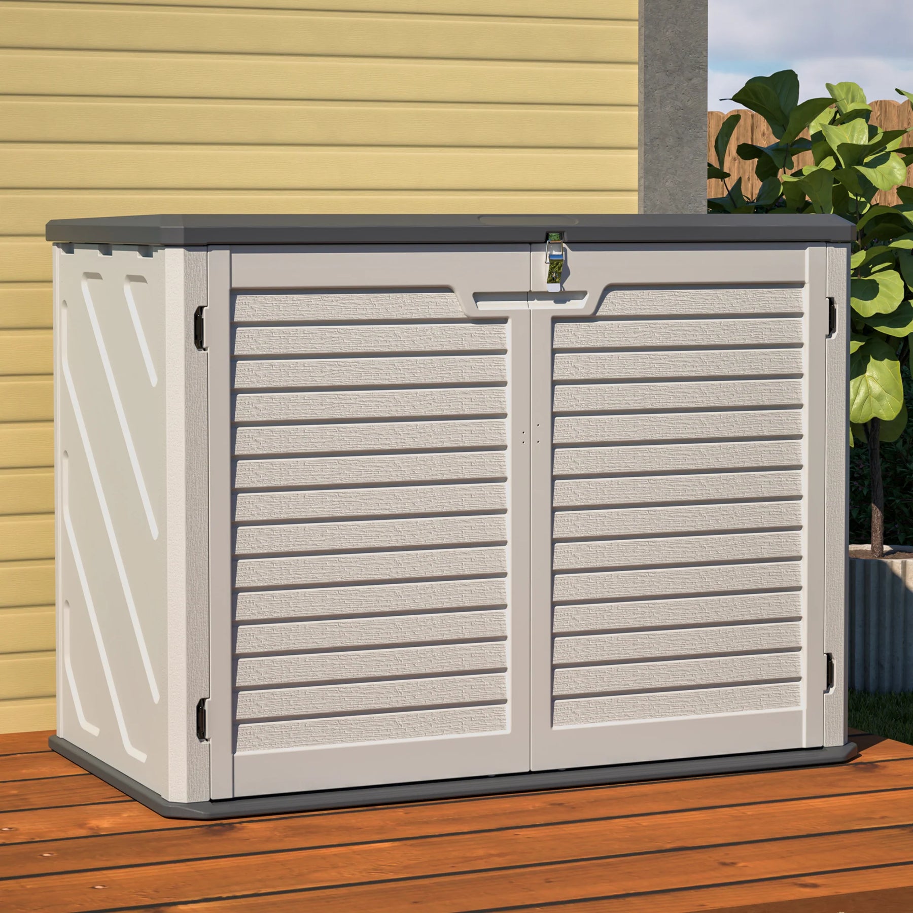 AECOJOY Horizontal Storage Shed Weather Resistance, Lockable Outdoor Storage Cabinet – 28 Cu.ft, Ivory White