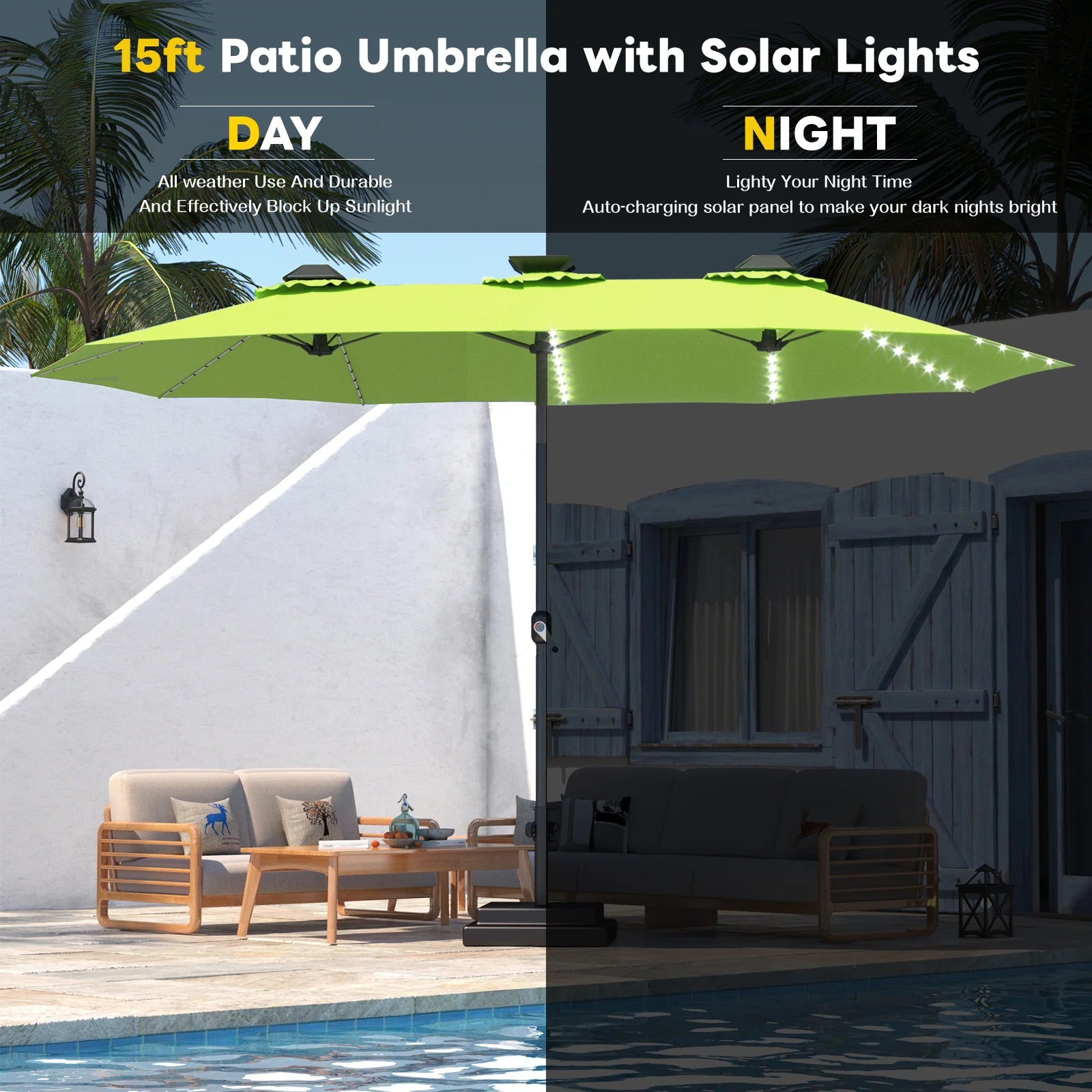 AECOJOY 15ft Patio Double-Sided Umbrella, 156 PCS Solar LED Light Outdoor Large Umbrella, Green