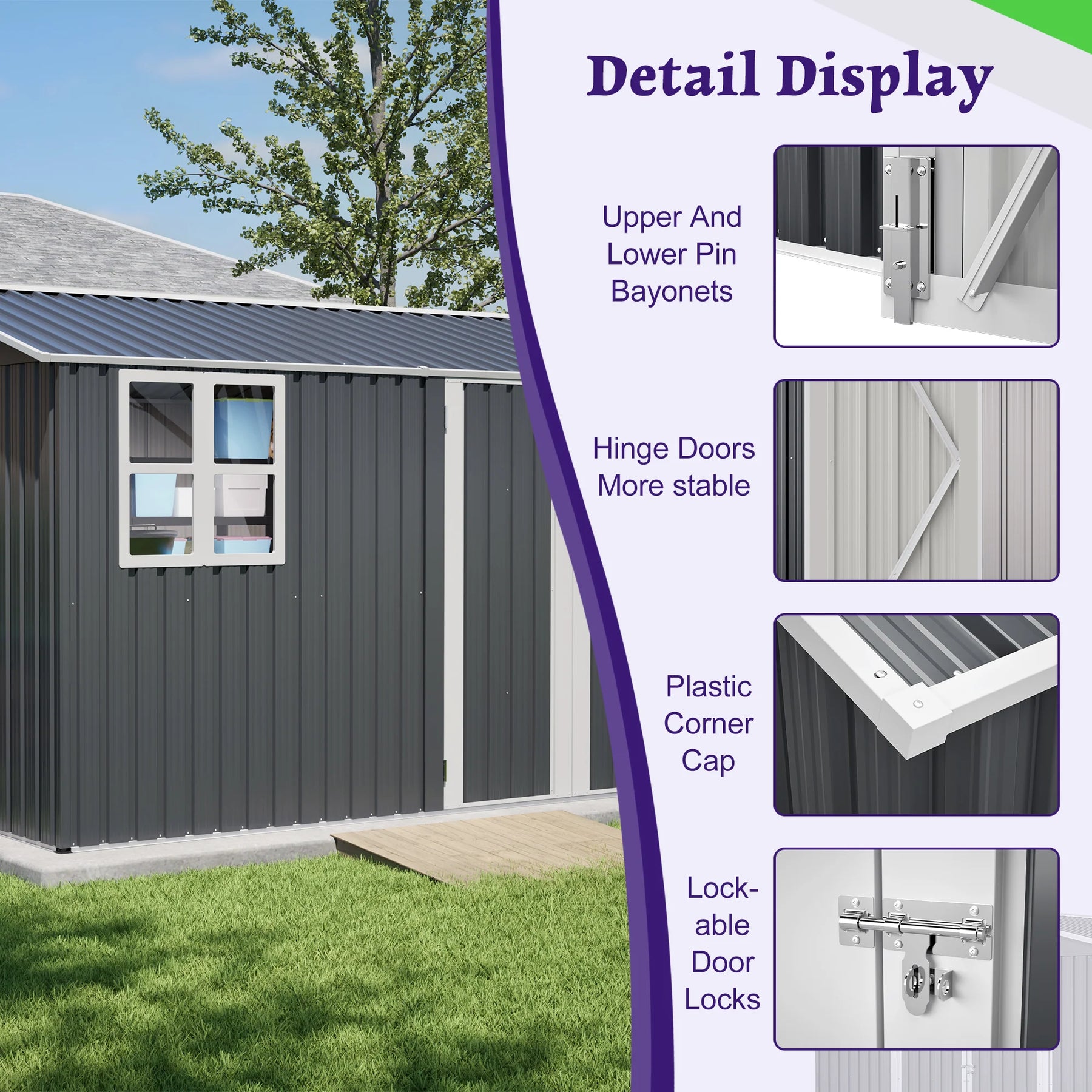 AECOJOY 10x8FT Outdoor Steel Storage Shed with Clear Window, Weather-Resistant Metal Tool Shed, Gray