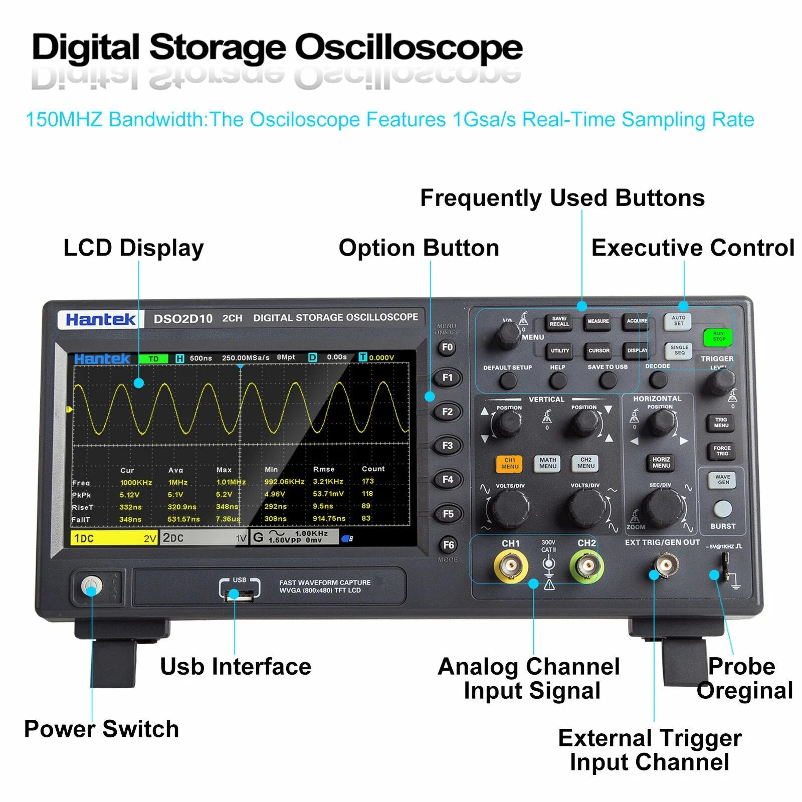 Hantek Digital Storage Oscilloscope 1gsa/S 8M DSO2C10 DSO2C15 DSO2D10 DSO2D15