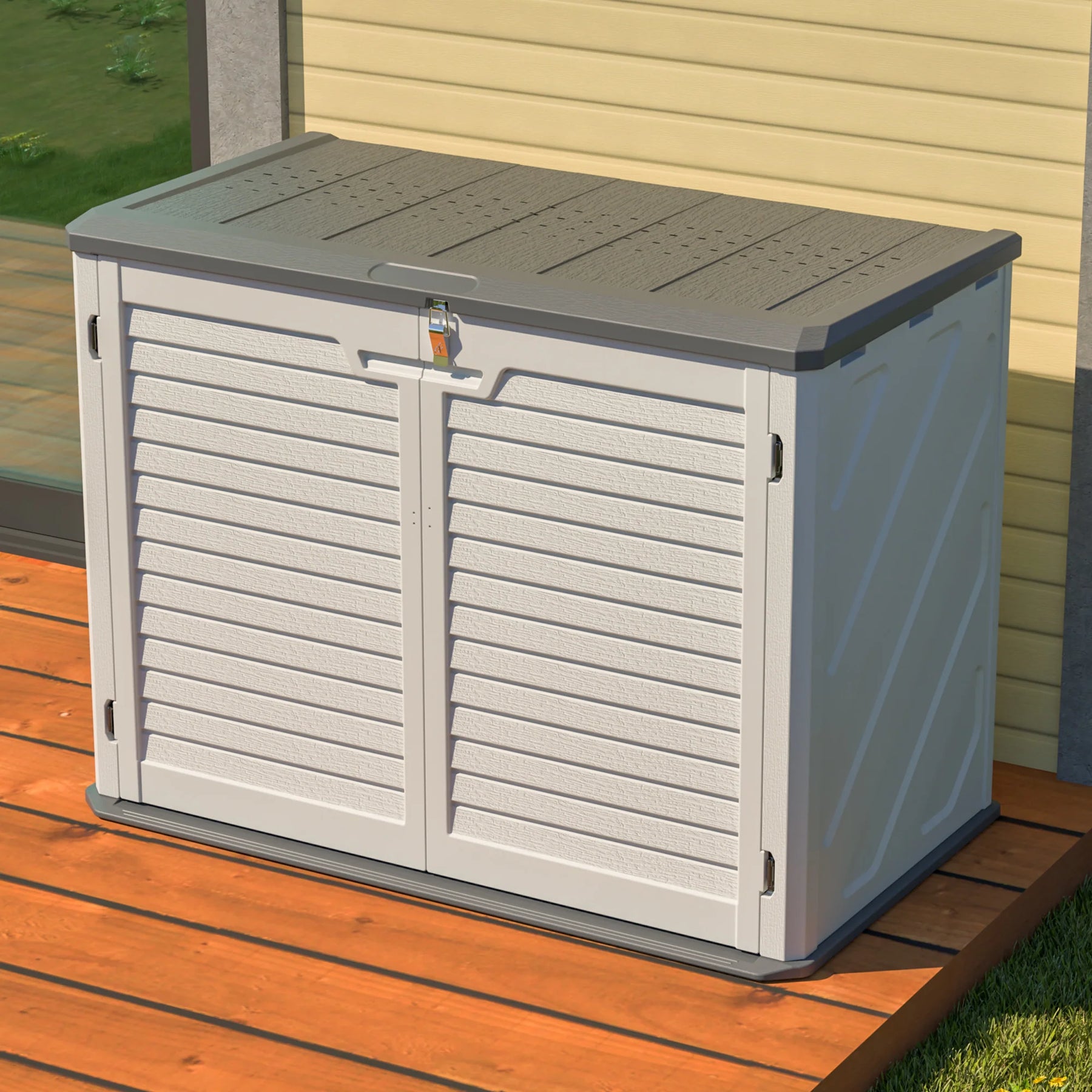 AECOJOY Horizontal Storage Shed Weather Resistance, Lockable Outdoor Storage Cabinet – 28 Cu.ft, Ivory White