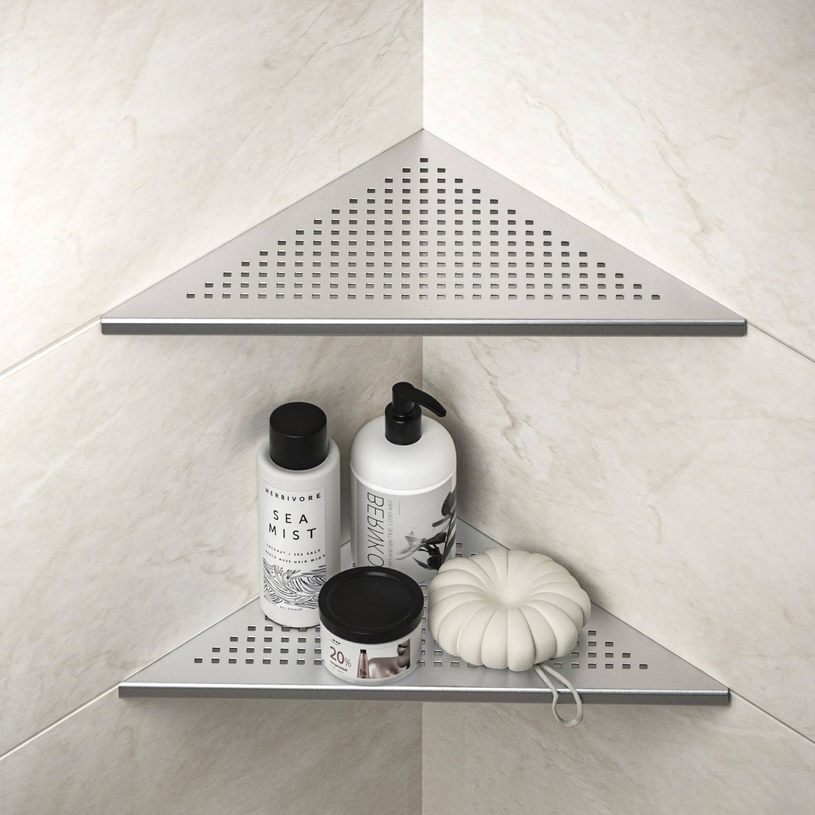 Bernkot Corner Shower Shelves, 12" Brushed 304 Stainless Steel Recessed Corner Shelf Bathroom Shower Shelf for Tiled Wall, No Drilling, 2 Pack,